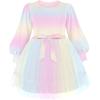 Arshiner Tulle Dress Toddler Girls Puff Long Lantern Sleeves Fall Winter Tutu Party Dresses with Tie Belt 3-8Y(Rainbow)