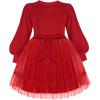 Arshiner Tulle Dress Toddler Girls Puff Long Lantern Sleeves Fall Winter Tutu Party Dresses with Tie Belt 3-8Y(Red)