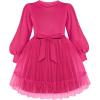 Arshiner Tulle Dress Toddler Girls Puff Long Lantern Sleeves Fall Winter Tutu Party Dresses with Tie Belt 3-8Y(Rose Red)