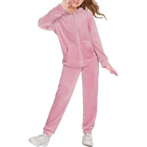 Arshiner 2 Piece Outfits for Girls Velour Tracksuit Hoodie and Jogger Set Sweatsuit Athletic Clothes Sets(A-pink)