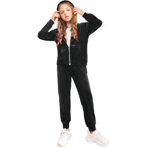 Arshiner 2 Piece Outfits for Girls Velour Tracksuit Hoodie and Jogger Set Sweatsuit Athletic Clothes Sets(Black)