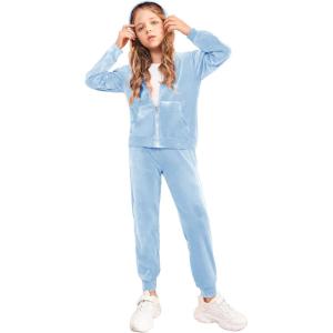 Arshiner 2 Piece Outfits for Girls Velour Tracksuit Hoodie and Jogger Set Sweatsuit Athletic Clothes Sets(Blue)
