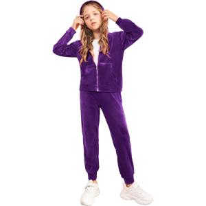 Arshiner 2 Piece Outfits for Girls Velour Tracksuit Hoodie and Jogger Set Sweatsuit Athletic Clothes Sets(Dark Purple)