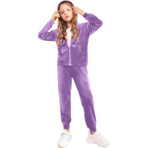 Arshiner 2 Piece Outfits for Girls Velour Tracksuit Hoodie and Jogger Set Sweatsuit Athletic Clothes Sets(Light Purple 1)
