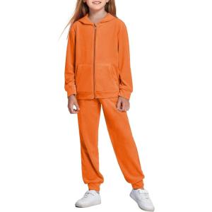 Arshiner 2 Piece Outfits for Girls Velour Tracksuit Hoodie and Jogger Set Sweatsuit Athletic Clothes Sets(Orange)
