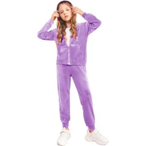 Arshiner 2 Piece Outfits for Girls Velour Tracksuit Hoodie and Jogger Set Sweatsuit Athletic Clothes Sets(Purple)