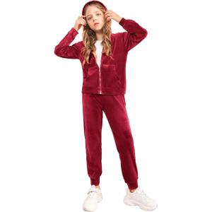 Arshiner 2 Piece Outfits for Girls Velour Tracksuit Hoodie and Jogger Set Sweatsuit Athletic Clothes Sets(Wine Red)