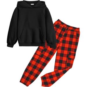 Arshiner 2 Pieces Girls Outfits Tie Dye Sweatsuits Pant Set Long Sleeve Athletic Sweatshirts and Sweatpants with Pockets(Black&red Checkboard)