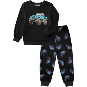 Arshiner Boys Camo Clothes 2 Piece Graphic Printed Sweatshirt and Pants Outfit Fall Winter Clothing Set 5-13 Years(Black & Car Prints)