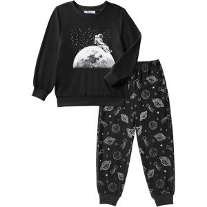 Arshiner Boys Camo Clothes 2 Piece Graphic Printed Sweatshirt and Pants Outfit Fall Winter Clothing Set 5-13 Years(Black & Planet Prints)