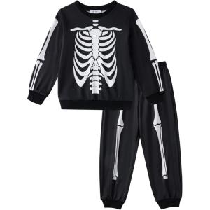 Arshiner Boys Camo Clothes 2 Piece Graphic Printed Sweatshirt and Pants Outfit Fall Winter Clothing Set 5-13 Years(White Skeleton Prints)