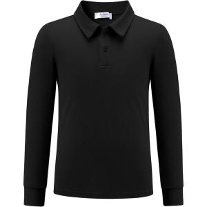 Arshiner Boys Long Sleeve Polo Shirt Performance School Uniform Pique Button Closure Shirt Size 5-12 Years(Black)