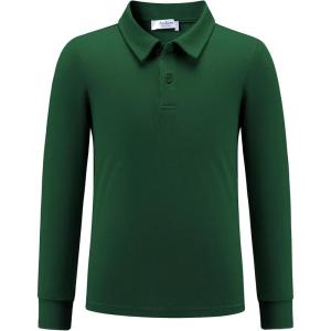 Arshiner Boys Long Sleeve Polo Shirt Performance School Uniform Pique Button Closure Shirt Size 5-12 Years(Bright Green)