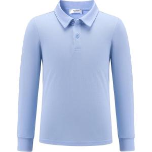 Arshiner Boys Long Sleeve Polo Shirt Performance School Uniform Pique Button Closure Shirt Size 5-12 Years(Light Blue)