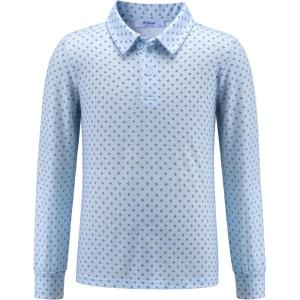 Arshiner Boys Long Sleeve Polo Shirt Performance School Uniform Pique Button Closure Shirt Size 5-12 Years(Light Blue and Black Print)