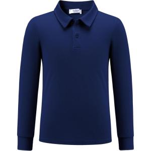Arshiner Boys Long Sleeve Polo Shirt Performance School Uniform Pique Button Closure Shirt Size 5-12 Years(Navy Blue)