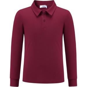 Arshiner Boys Long Sleeve Polo Shirt Performance School Uniform Pique Button Closure Shirt Size 5-12 Years(Red)