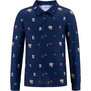 Arshiner Boys Long Sleeve Polo Shirt Performance School Uniform Pique Button Closure Shirt Size 5-12 Years(Teddy Bear – Navy Blue With Green Khaki)