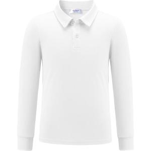 Arshiner Boys Long Sleeve Polo Shirt Performance School Uniform Pique Button Closure Shirt Size 5-12 Years(White)