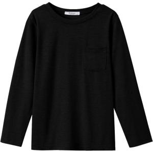Arshiner Boys Long Sleeve Shirts Casual Crewneck T Shirt Solid Tees Tops with Chest Pocket for Kids 5-12 Years(Black)