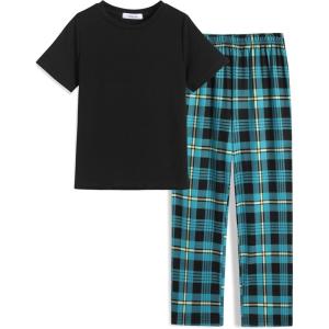 Arshiner Boys Pajamas Short Sleeve and Long Pants 2 Piece Pajama Set for Boys 6-14 Years(Black / Blue)