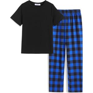 Arshiner Boys Pajamas Short Sleeve and Long Pants 2 Piece Pajama Set for Boys 6-14 Years(Black / Blue Check)