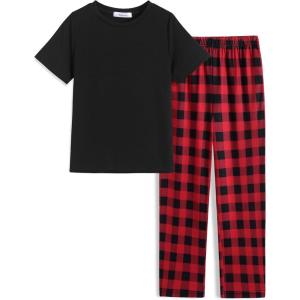 Arshiner Boys Pajamas Short Sleeve and Long Pants 2 Piece Pajama Set for Boys 6-14 Years(Black / Red Check)
