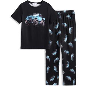 Arshiner Boys Pajamas Short Sleeve and Long Pants 2 Piece Pajama Set for Boys 6-14 Years(Black-truck)