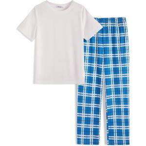 Arshiner Boys Pajamas Short Sleeve and Long Pants 2 Piece Pajama Set for Boys 6-14 Years(Blue Check)