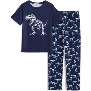 Arshiner Boys Pajamas Short Sleeve and Long Pants 2 Piece Pajama Set for Boys 6-14 Years(Blue-dinasaur)