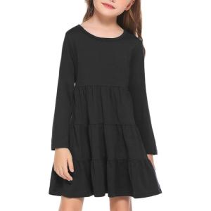 Arshiner Girl Long Sleeve Dress Tiered Ruffle Swing Tunic Shirt Dress(Black)