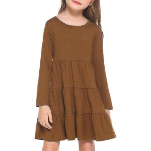 Arshiner Girl Long Sleeve Dress Tiered Ruffle Swing Tunic Shirt Dress(Brown)