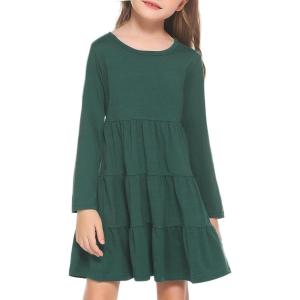 Arshiner Girl Long Sleeve Dress Tiered Ruffle Swing Tunic Shirt Dress(Dark Green)