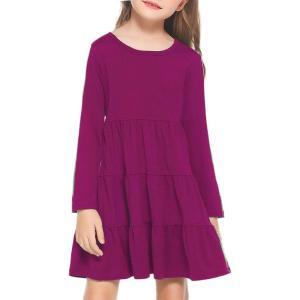 Arshiner Girl Long Sleeve Dress Tiered Ruffle Swing Tunic Shirt Dress(Fuchsia)