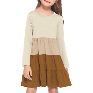 Arshiner Girl Long Sleeve Dress Tiered Ruffle Swing Tunic Shirt Dress(Khaki Brown)