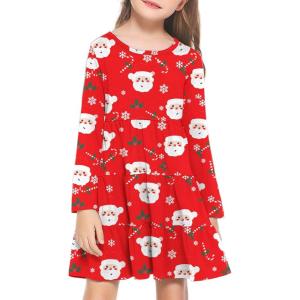 Arshiner Girl Long Sleeve Dress Tiered Ruffle Swing Tunic Shirt Dress(Santa)