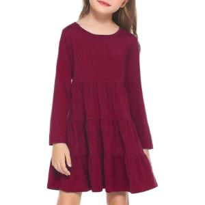 Arshiner Girl Long Sleeve Dress Tiered Ruffle Swing Tunic Shirt Dress(Wine Red)