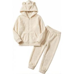 Arshiner Girls 2 Piece Fuzzy Set with Bear Ear Hoodie and Jogger Pants Zip Up Sweatshirt Outfits for Fall Winter 5-13 Years(Beige)