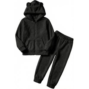 Arshiner Girls 2 Piece Fuzzy Set with Bear Ear Hoodie and Jogger Pants Zip Up Sweatshirt Outfits for Fall Winter 5-13 Years(Black)