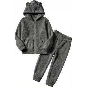 Arshiner Girls 2 Piece Fuzzy Set with Bear Ear Hoodie and Jogger Pants Zip Up Sweatshirt Outfits for Fall Winter 5-13 Years(Deep Grey)
