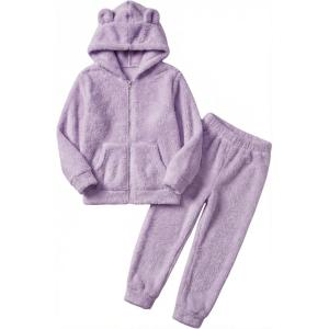 Arshiner Girls 2 Piece Fuzzy Set with Bear Ear Hoodie and Jogger Pants Zip Up Sweatshirt Outfits for Fall Winter 5-13 Years(Light Purple)