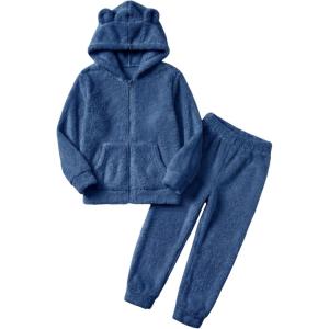 Arshiner Girls 2 Piece Fuzzy Set with Bear Ear Hoodie and Jogger Pants Zip Up Sweatshirt Outfits for Fall Winter 5-13 Years(Roral Blue)