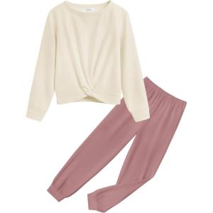Arshiner Girls 2 Piece Outfits Fashion Twist Front Tracksuit Long Sleeve Pullover Sweatshirt Sweatpants Jogger set Sweatsuit(Beige & Brown)