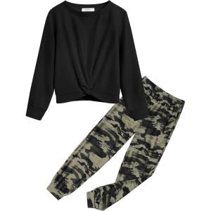 Arshiner Girls 2 Piece Outfits Fashion Twist Front Tracksuit Long Sleeve Pullover Sweatshirt Sweatpants Jogger set Sweatsuit(Black & Camouflage)