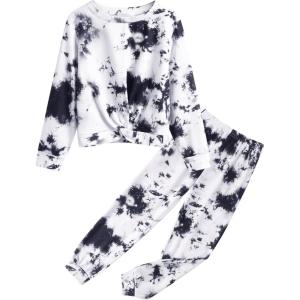 Arshiner Girls 2 Piece Outfits Fashion Twist Front Tracksuit Long Sleeve Pullover Sweatshirt Sweatpants Jogger set Sweatsuit(Black & White)