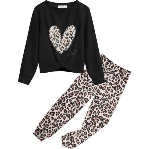Arshiner Girls 2 Piece Outfits Fashion Twist Front Tracksuit Long Sleeve Pullover Sweatshirt Sweatpants Jogger set Sweatsuit(Black-leopard)