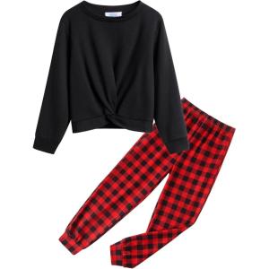 Arshiner Girls 2 Piece Outfits Fashion Twist Front Tracksuit Long Sleeve Pullover Sweatshirt Sweatpants Jogger set Sweatsuit(Black&red Checkered)