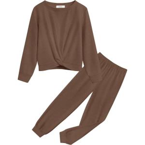 Arshiner Girls 2 Piece Outfits Fashion Twist Front Tracksuit Long Sleeve Pullover Sweatshirt Sweatpants Jogger set Sweatsuit(Brown)