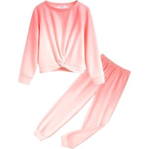 Arshiner Girls 2 Piece Outfits Fashion Twist Front Tracksuit Long Sleeve Pullover Sweatshirt Sweatpants Jogger set Sweatsuit(Coral White)
