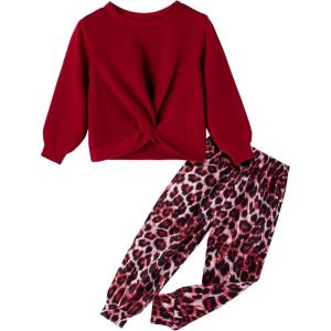 Arshiner Girls 2 Piece Outfits Fashion Twist Front Tracksuit Long Sleeve Pullover Sweatshirt Sweatpants Jogger set Sweatsuit(Dark Red&leopard)
